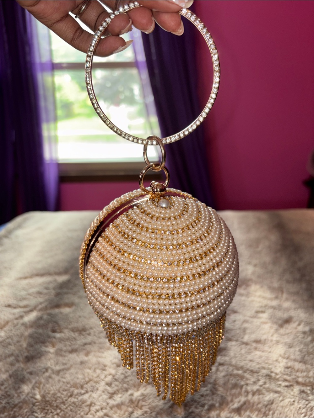 Fashion Nova Pearl & Gold Beaded Orb Wristlet Bag π